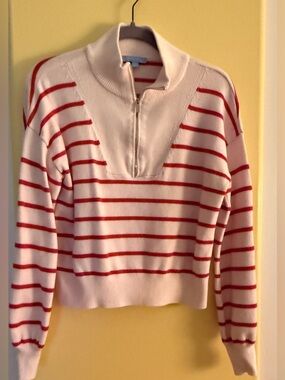 Draper James Cream Sweater with Red Stripes and Half-Zip